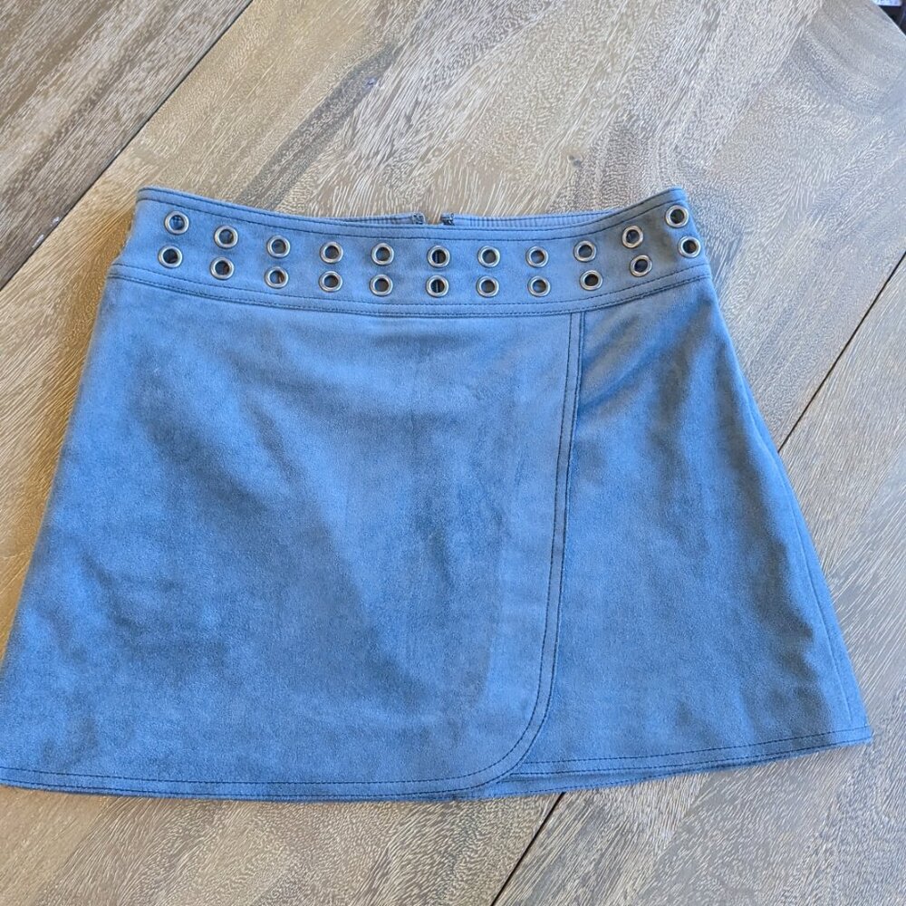 BCBG Max Azria Blue Faux Suede Wrap Style Lined Mini Skirt, Size XS - Picture 3 of 7